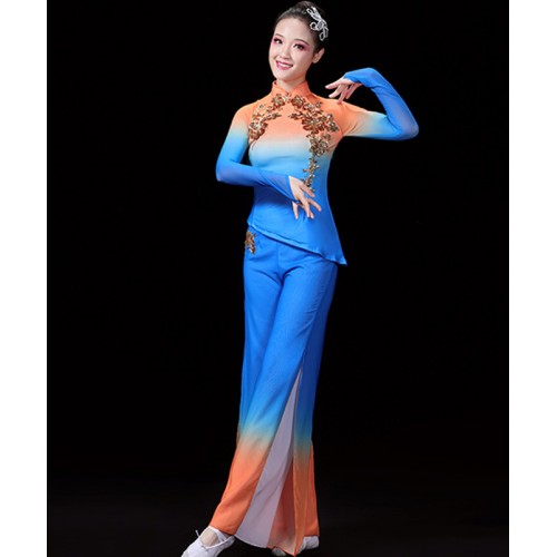 Blue with orange chinese folk dance costumes for women girls traditional ancient Jiaozhou Yangge umbrella fan dance suit female solo classical dance dress adult square dance suits